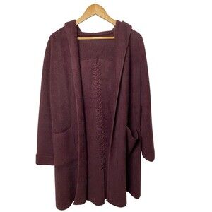 100% Angora Long Hooded Cardigan Sweater L Burgundy Plum Soft Cozy Braided Back